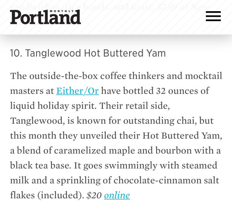Portland Monthly article featuring Tanglewood Beverage Company's Hot Buttered Yam tea concentrate