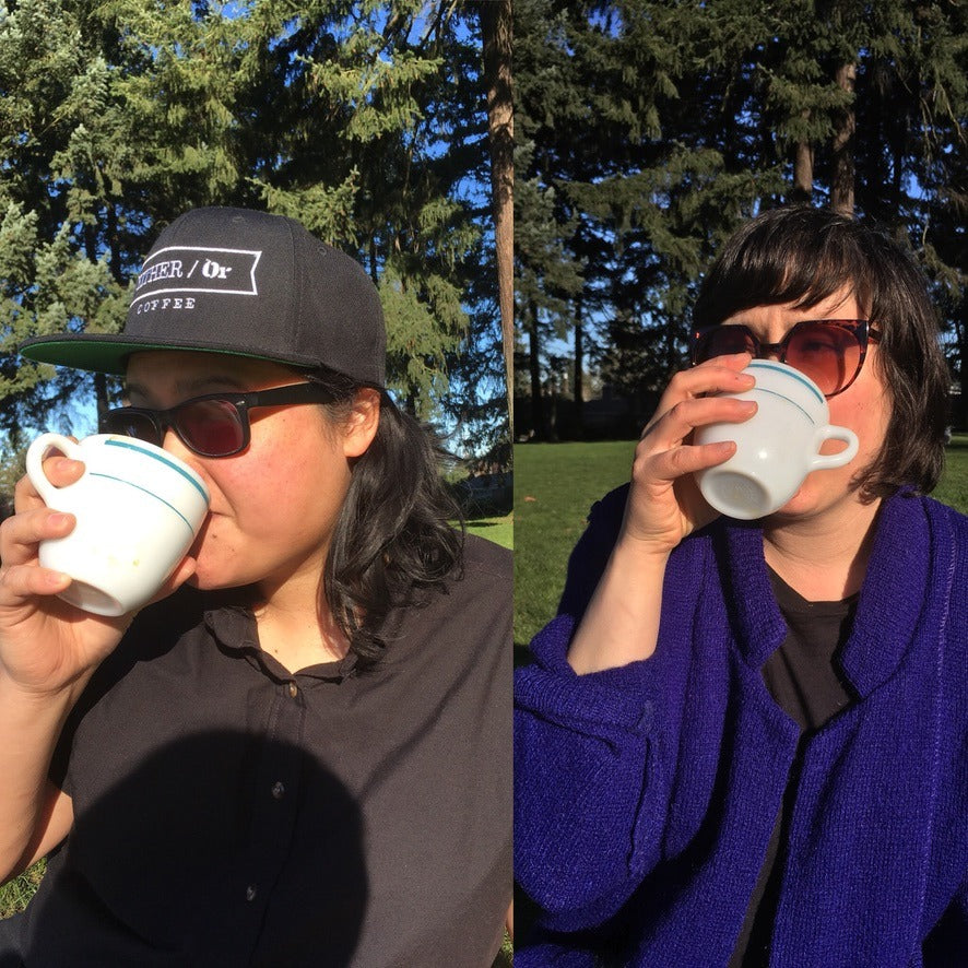 A photo of Ro and Misty in the park drinking Tanglewood Chai